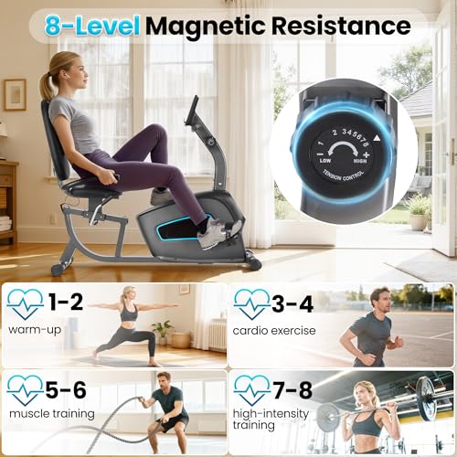 Image of BODIOO Exercise Bike, Recumbent Exercise Bike for Seniors, Stationary Bike for Home Workout, 8-Level Magnetic Resistance, Quiet Smooth Ride, Comfortable Seat with Backrest, Heart Rate Monitor, 300LB Capacity