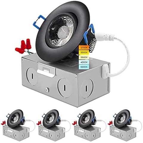 LUXRITE 3 Inch Gimbal LED Recessed Light with Junction Box, 5CCT Color Selectable 2700K-5000K, Dimmable Adjustable Eyeball Swivel Lights, 600 Lumens, 8W, IC Rated, Damp Rated, ETL, Black (4 Pack) Cover