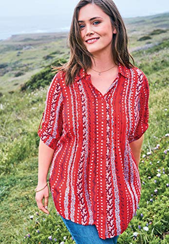 Woman Within Women's Plus Size Pintucked Print Tunic Shirt - 3X, White #TOP6