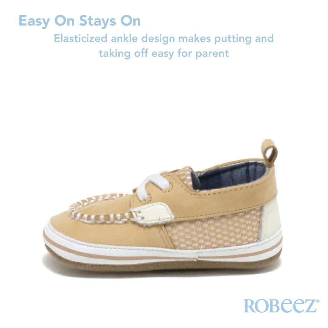 Robeez First Kicks Baby Boy and Unisex Shoes and Sandals for Infant/Toddlers - Skipper Tan - 0-3 Months