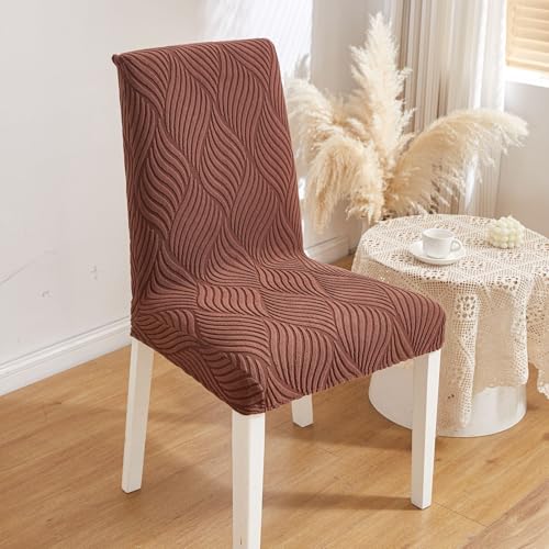 Image of HOMETHREADS Elastic Jacquard Chair Cover - Stretchable, Removable & Washable Short Dining Chair Slipcover | Durable Seat Protector for Kitchen, Dining Room & Banquet Chairs (Brown, Pack of 1)