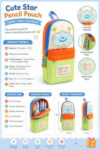 Image of Kawaii Cute Aesthetic Pencil Case for Students | Large Capacity Multi-Pocket Pencil Pouch with Zipper | Cartoon Stationery Organizer Bag for School, College & Office Supplies (Good Time - Green)