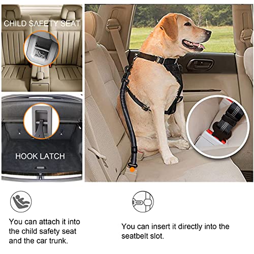 Hunde Sicherheitsgurt, 2 Stück Verstellbar Sicherheitsgurt Hunde für Auto, 3-in-1 Reflektierend Bungee Hundegurt fürs Auto mit Haken Anschnallgurt Hund Auto für Alle Hunderassen & Autotypen (Schwarz)