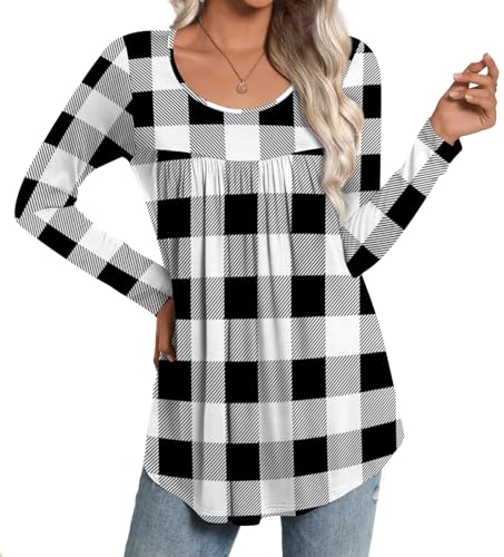 CATHY Womens Long Sleeve Casual Tunic Tops Fall Fashion 2026 Loose Fit Dressy to Wear with Leggings Winter Elastic Shirts, L, Black White Plaid