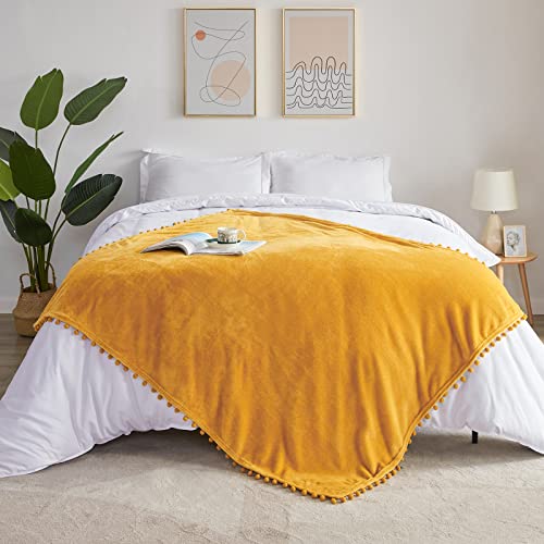 Beautex Fleece Throw Blanket With Pompom Fringe, Yellow Flannel Blankets And Throws For Couch, Super Soft Cozy Lightweight Plush Throw Blanket (50" X 60") #TOP5
