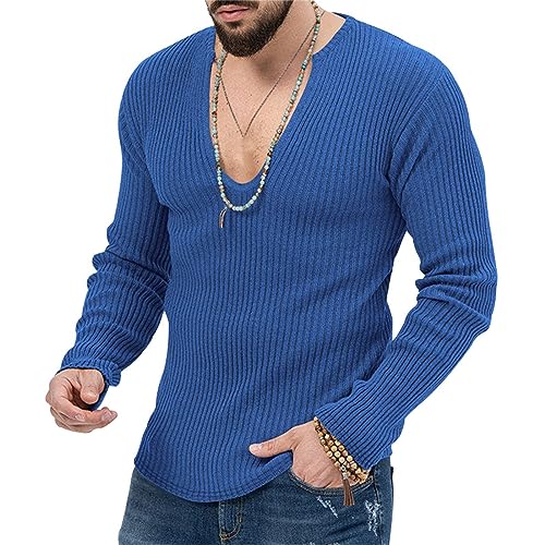 Men's Sexy Deep V Neck Knitted Sweater Slim Fit Lightweight Vintage Pullover Casual Long Sleeve Knitwear Tops2