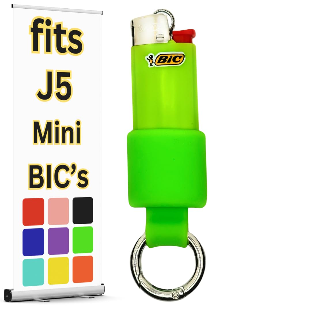 Mini Keychain Lighter Holder with Spring Clip | J5 Green Pouch Sleeve Case for Small J5 Lighters | 10 Color Options | Lighter Not Included (Green)