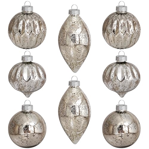 Deloky 8 Pcs Mercury Glass Christmas Hanging Ornaments - Silver,