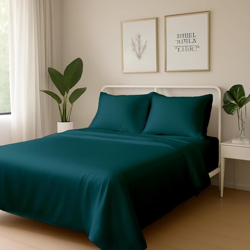 Image of Day Care-Luxury Satin Flat King Size (92x106 Inchs) Bedsheet|Ultra Soft Silky Smooth Touch|Breathable, Lightweight & Skin Friendly|Wrinkle Resistant|Teal