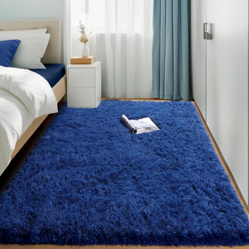 Amdrebio Navy Blue Area Rugs for Boys Bedroom, 5x8 Shag Fluffy Furry Plush Rug for Kids Room, Living Room Decor Aesthetic, Cool Royal Dark Blue Carpet for Baby Nursery Classroom Office Dorm Playroom