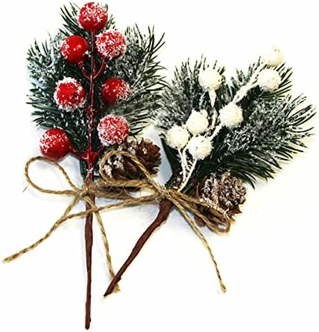 20 Bunch Artificial Pine Picks & Flocked Holly Christmas Red Berry Picks Stems, Christmas Picks and Sprays Faux Pine Picks with Pinecones, for DIY Gift Floral Arrangements (White, 20)