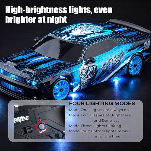 Image of 2.4GHz Remote Control Glowing Drift Car Toy for Kids with LED Lights - 4WD 15Kmph RC Drifting Car with Extra Rubber Tires, Cones Barriers & Rechargeable Battery - Color and Design As Per Stock