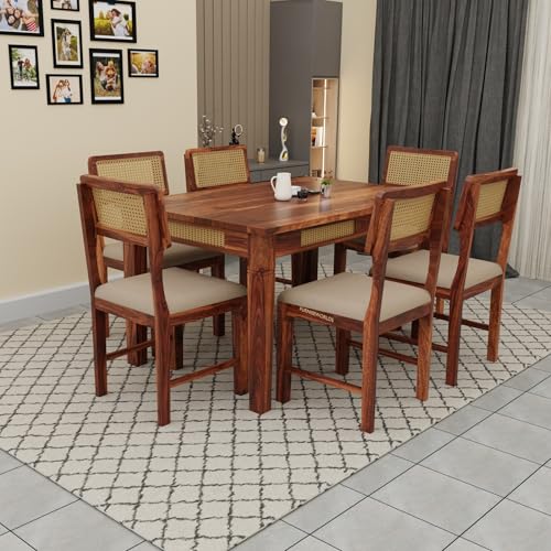 Image of Solid Sheesham Wood Dining Table Set 6 Seater Set for Home and Kitchen, Rattan Dining Table 6 Seater with Chairs Cane Furniture, Dining Set