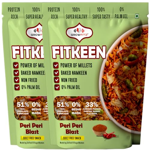 Image of GROWFITZ Baked Namkeen Mixture 200g | Peri Peri Flavor | Non-Fried Millet Snack | 0% Palm Oil | 12.4g High Protein | Healthy Tea-Time Snack (200gram - Pack of 2, Peri Peri Spicy)