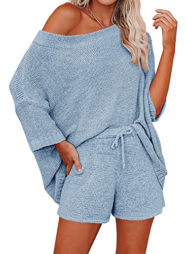 Ermonn Womens 2 Piece Outfits Sweater Sets Knit Tops Waist Short Suits Casual Pajama Set Rompers Jumpsuits Blue