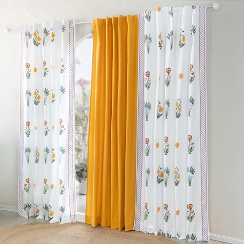 Image of Tranquebar Curtain Co. Window Curtains 5 Feet, 60-65% Room Darkening, Pink Ethnic Curtains Palms Print, Cotton Curtains for Window, Cotton Curtains 5 Feet Set of 3,BackTabs, Bagh Yellow combo (152 cm)