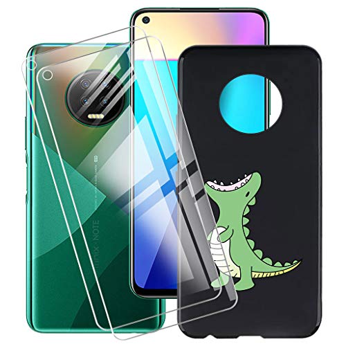 HHUAN Case Black + 2 Pack Tempered Glass Screen Protector for Infinix Note 7 (6.95"), Flexible TPU Shell Silicone Gel Protective Case Bumper Cover - Roaring Dragon