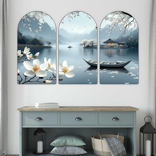 Image of Livin'luxe Serene Lake View Wall Painting | Set of 3 MDF Panel Lotus Flower & Boat Artwork | Scenic Landscape Wall Art for Living Room, Bedroom, Hallway & Office Decor
