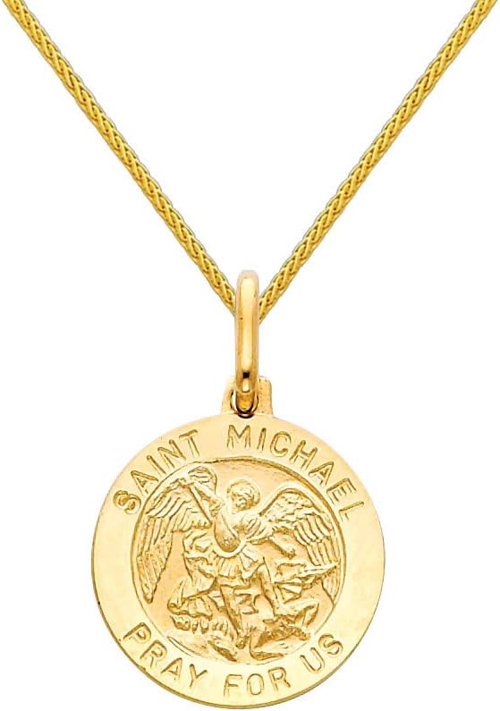 The World Jewelry Center 14k Yellow Gold Religious Saint Michael Medal Pendant with 0.9mm Braided Wheat Chain Necklace