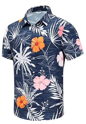 SheLucki Hawaiian Shirt for Men, Unisex Summer Beach Casual Short Sleeve Button Down Shirts, Printed Palmshadow Clothing Flower Blue XL