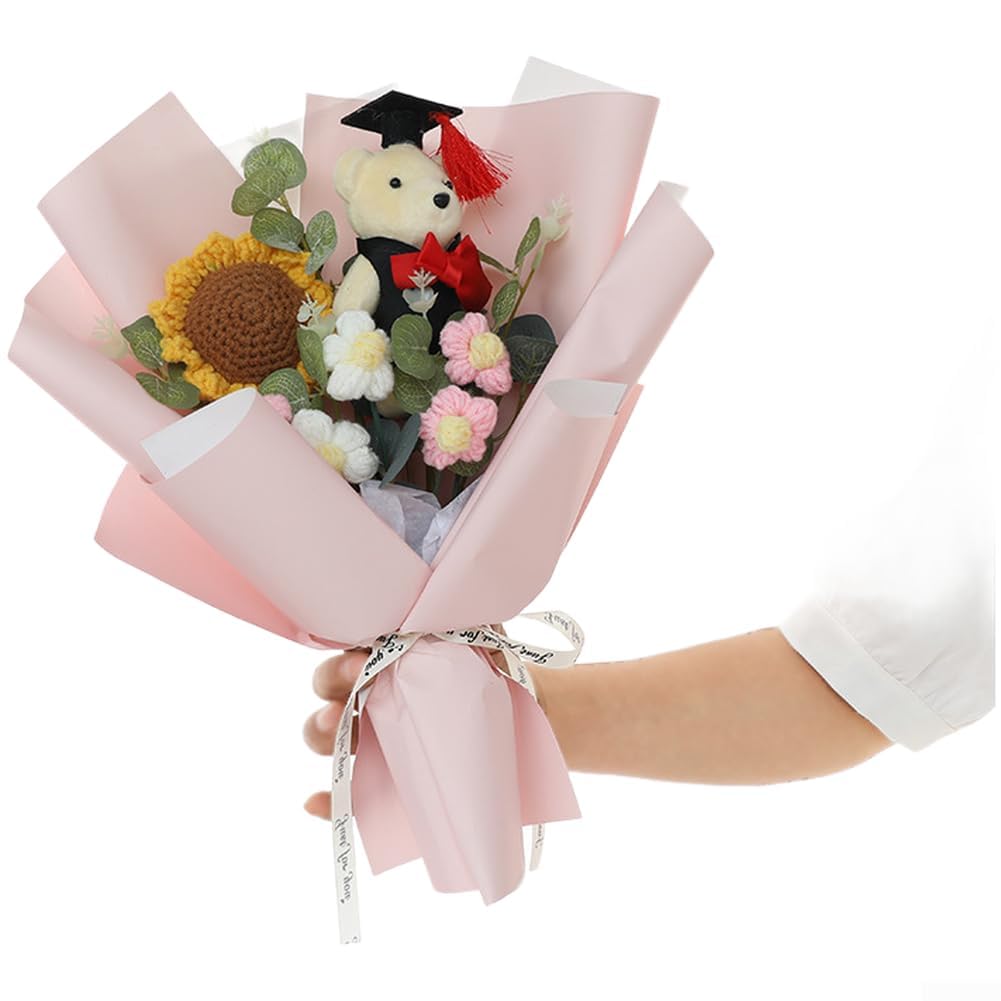 TVANTRUXIS Hand Woven Artificial Flowers, Sunflower Bouquet Multicolor Crochet Graduation Recognition Home Decor(Pink)