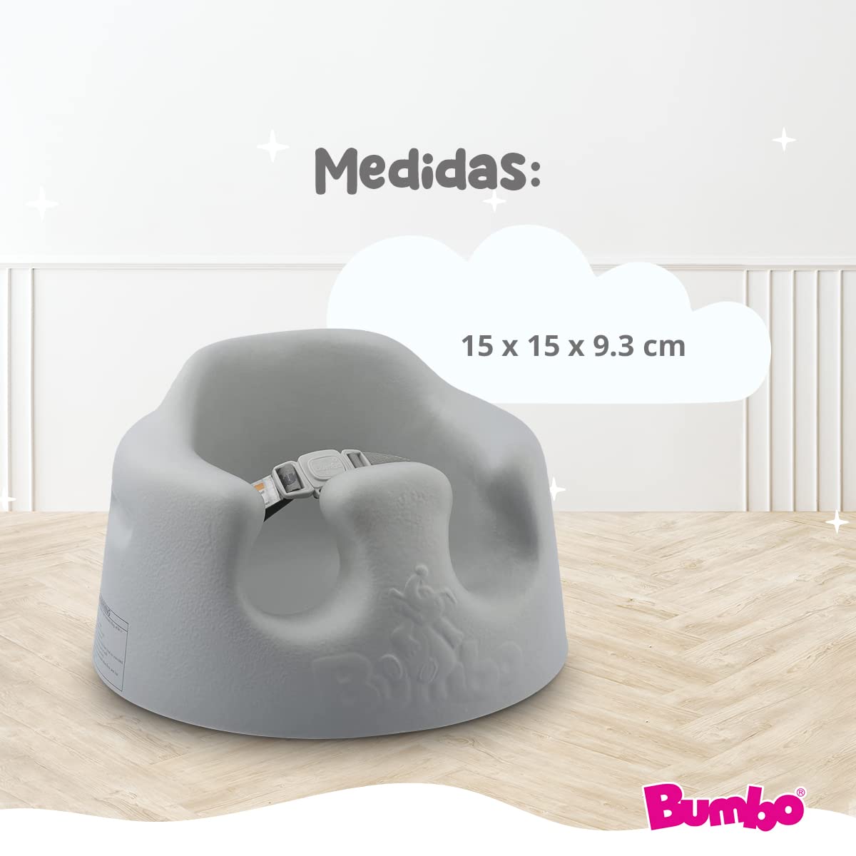 Bumbo Asiento de Suelo para Bebé - Diseño Ergonómico, Fácil de Limpiar, con Arnés de Seguridad - Cómodo y Seguro - Asiento de Apoyo para Bebés de 3 a 12 Meses - Color Gris