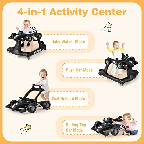 GLACER Foldable Baby Walker, 4-in-1 Infant Walker with Adjustable Height & Speed, Music, Light, Steering Wheel & Washable Cushion, Baby Walker Activity Center for Boys Girls 6 –18 Months (Black) - Thumbnail 2