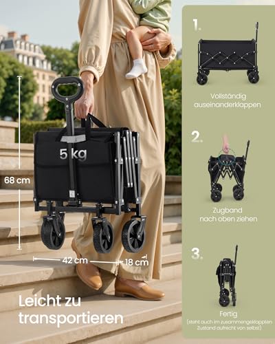 SONGMICS Kleiner Handwagen faltbar, Gartenwagen, kompakt, mit Griff, mit 4 verstärkten Rollen, Davon 2 Universalräder, bis 180 kg belastbar, Outdoor, Garten, 90 L, tintenschwarz GFW909B01