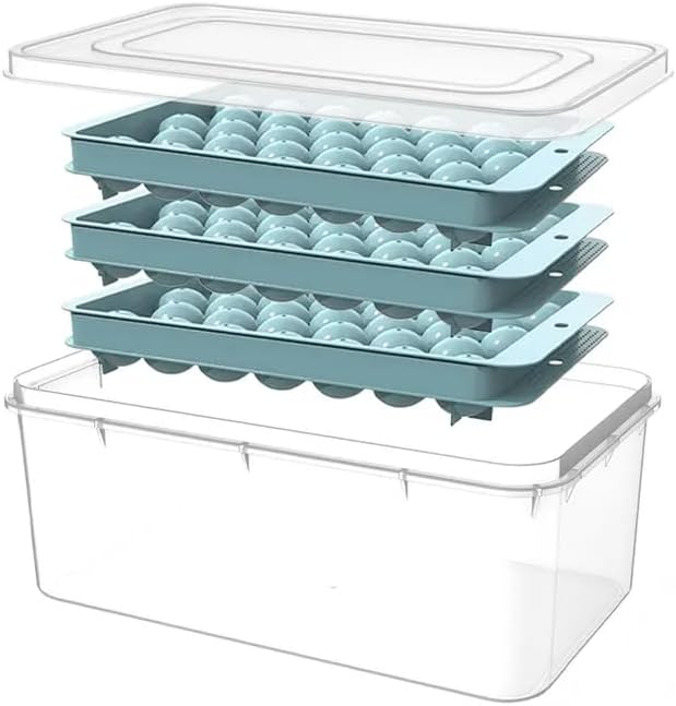 Chef Boxx Bandeja redonda para cubitos de hielo de 99 piezas, contenedor de plástico y tapa para almacenamiento, bandeja de hielo apilable para