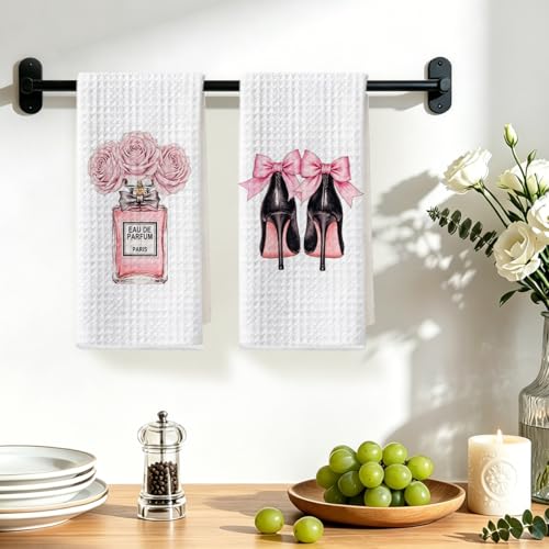 Image of Hanamiya Na 2Pcs Pink Hand Towels Decor for Bathroom 24x14 Inch, Bow Decor Reusable Towel, Waffle Weave Tea Towels for Bathroom Kitchen Farmhouse Decor, Washroom Gifts for Women Friend