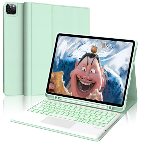 FOGARI Hülle mit Tastatur für iPad Pro 12.9 (6/5/4/3 Gen), 7 Farben Beleuchtung, Multi Touch Trackpad, Deutsches QWERTZ Magnetisch Abnehmbarer Bluetooth Tastatur für iPad 12,9 Zoll, Hellgrün