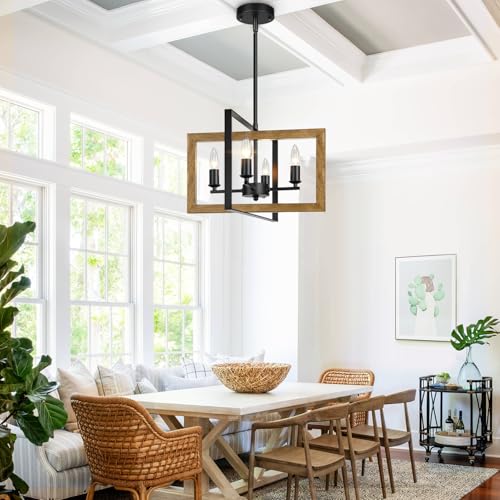 17\" Farmhouse Chandelier, 4-Light Rustic Chandelier for Dining Room Light Fixture, Adjustable Wood Hanging Light Fixture for Living Room, Kitchen, Foyer, Bedroom and Entryway