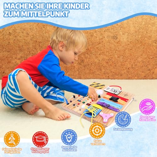 23 in 1 Montessori Spielzeug ab 1 jahr Busy Board Activity Board Spielzeug ab 2 jahre Holzspielzeug mit 15 Schalter, 26 LED-Leuchten ,Spieluhr, Schloss, Schnürsenkeln, Reißverschluss Sensory Spielzeug