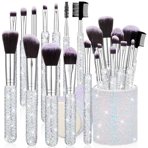 Nuogo 13 Pcs Rhinestone Makeup Brushes Set 12 Bling Crystal Professional Face Cosmetics Blending Liquid Foundation Powder Concealer Eye Shadows Make up Beauty Tool Glitter with 1 Holder