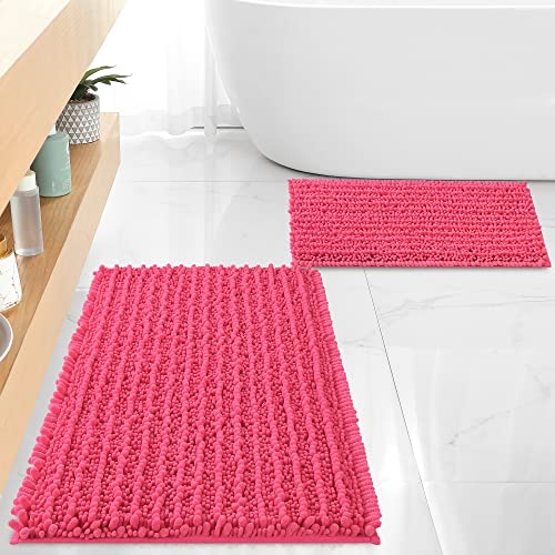 FLOLEOPA Luxury Chenille Hot Pink Bathroom Rugs Bath Mats Sets Extra Soft and Absorbent Bathroom Rugs Non Skid Machine Wash Dry Bath Mats32x20 Plus 17x24