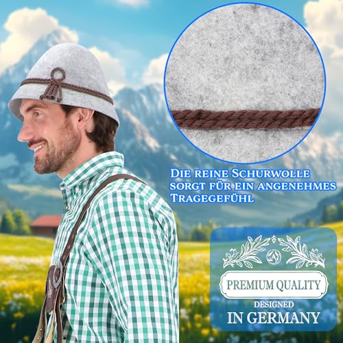 Steigenhöfer Original Herren Trachtenhut, Wanderhut, Filzhut Stopselhut - Heinrich - 100% Schurwolle - Schmale Krempe & Kordel - Zum Förstern & Wandern oder zum Oktoberfest - Grau - 56