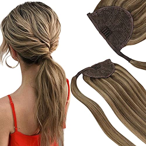 VeSunny Clip in Hair Extensions Balayage Blonde Remy Human Hair Clip in Extensions Ombre Color #4 Dark Brown Fading to #10 Mix #16 Golden Blonde 22" 7pcs 120g