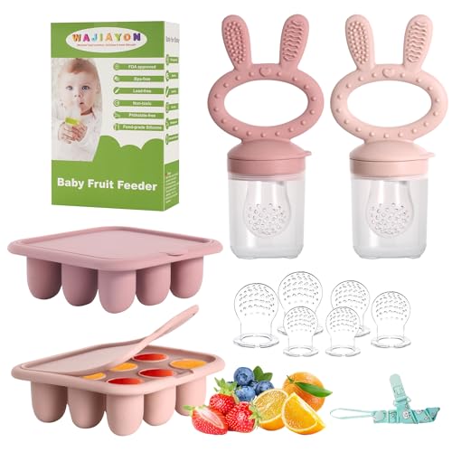 Image of WAJIAYON Baby Breastmilk Popsicle Molds & Baby Fruit Feeder (4 Pack), Infant Food Freezer Tray Storage Containers, Silicone Teething Pacifier Feeder and Teether for Babies（Pink&Purple）
