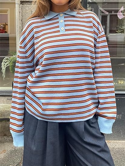 Women Striped Rugby Shirts Oversized Long Sleeve Collared Preppy Polo Sweater Vintage Aesthetic Knitted Shirts - Image 2