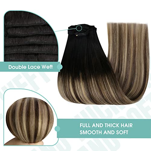 YoungSee Clip in Human Hair Extensions Black Ombre Clip in Hair Extensions Real Hair Black Ombre Dark Brown with Blonde Human Hair Clip in Extensions Balayage Clip Extensions for Women 18in 120g 7pcs - Image 3