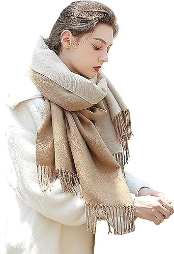 Classic Cashmere Blend Winter Scarf, Two-Tone Beige and Cream, Long Fringed Design, Warm Soft Wrap for Women