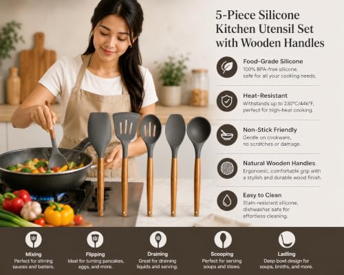 Image of Galley 5PCS Silicone Kitchen Utensil Set with wodden Handel Grey 5 piece