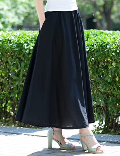 Women Cotton/Linen Skirt Summer Quality Elastic Waist Long Maxi Retro Vogue Casual Bottom with Pockets2