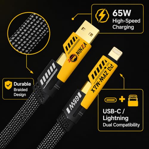 Image of QuadCharge 4-in-1 Fast Charging Cable | USB to Type-C, USB-A to C, C to C & Cable for iPhone | 60W PD Data Cable C Type, Braided Nylon Zinc-Alloy | 1.2m Multi Device Charger