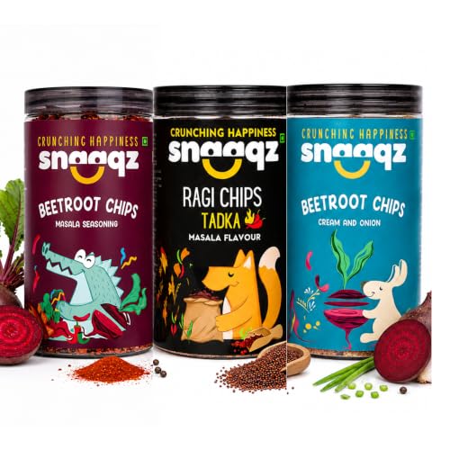 Image of Snaaqz Supergrain Snacks Combo 450g | Beetroot Chips Cream & Onion, Beetroot Masala Chips & Ragi Chips Masala | Pack of 3 | High Protein | Baked & Crunchy | Vegetarian | Low-Calorie | Healthy Snacks for Adults & Kids