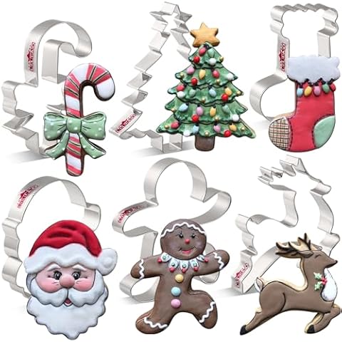 LILIAO Christmas Cookie Cutter Set, 6-pc, Christmas Tree, Santa Face, Running Gingerbread Man, Reindeer, Candy Cane with Ribbon and Stocking Biscuit Fondant Cutters, Stainless Steel Cover