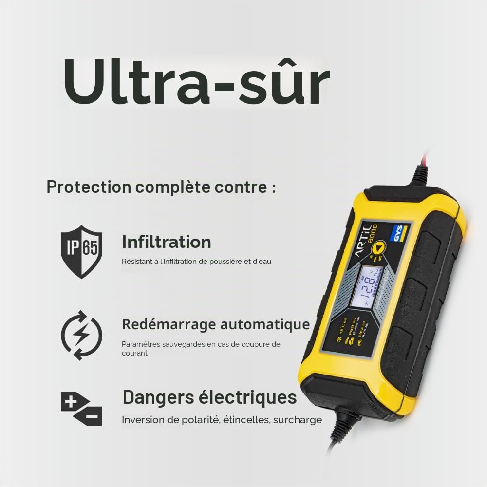 GYS - Artic 8000 – Chargeur de Batterie Inverter – (12V) 2/8 A – Idéal Voitures Citadines, Motos, Jet-Skis et Véhicules de Collection – Livré avec Pinces et Cosses de Connexion