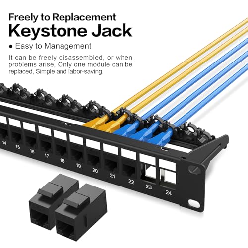 Image of Patch Panel 24 Port with 24 Pcs Cat6 Keystone Jack【EC Listed】 UTP 10G Support with Removable Back Bar 1U Network Patch Panel 19 Inch for Cat6,Cat5e,Cat5 (CAT6, 1U24Port)