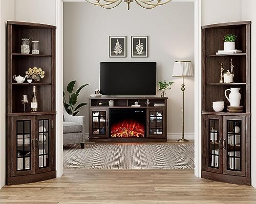 AMERLIFE Curved Fireplace TV Stand with 26'' Electric Fireplace, Media Entertainment Center Farmhouse Glass Door Storage Cabinet, Open Shelve Console Table for TVs up to 65'', Espresso - Thumbnail 2