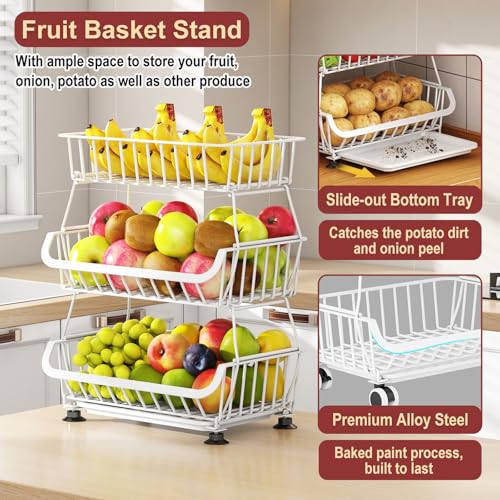3-Tier Rolling Pantry Cart with Wheels, Stackable Wire Storage Floor Organizer for Kitchen Pantry Snack Shelves, Fruit Basket Stand, Vegetable Storage Rack for Food Snacks Onion Potato, White by Miyawell - Image 6
